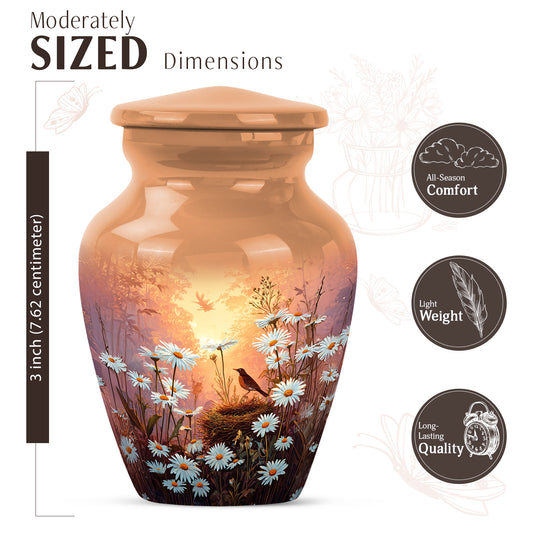 Harvest Gold Daisy Cremation Urn close-up of engraving and surface detail - traditional daisy engraving with hand-polished finish - mini keepsake memorial for portion of cremation ashes