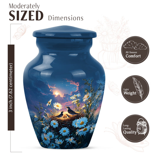 Royal Blue Daisy Cremation Urn close-up of engraving and surface detail - elegant classic daisy relief with fine detailing - mini keepsake memorial for portion of cremation ashes