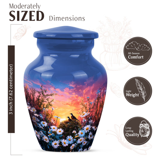 Steel Blue Daisy Cremation Urn close-up of engraving and surface detail - traditional daisy engraving with hand-polished finish - mini keepsake memorial for portion of cremation ashes
