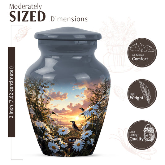 Steel Blue Daisy Cremation Urn close-up of engraving and surface detail - traditional daisy engraving with hand-polished finish - mini keepsake memorial for portion of cremation ashes