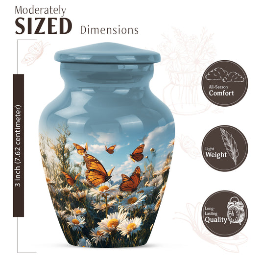 Calming Blue Daisy Cremation Urn close-up of engraving and surface detail - traditional daisy engraving with hand-polished finish - mini keepsake memorial for portion of cremation ashes