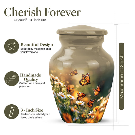 Champagne Gold Daisy Cremation Urn close-up of engraving and surface detail - timeless daisy motif etched into premium metal - mini keepsake memorial for portion of cremation ashes
