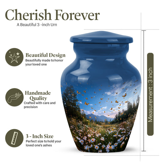 Sky Blue Daisy Cremation Urn close-up of engraving and surface detail - timeless daisy motif etched into premium metal - mini keepsake memorial for portion of cremation ashes