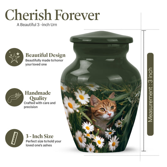 Hunter Green Daisy Cremation Urn close-up of engraving and surface detail - elegant classic daisy relief with fine detailing - mini keepsake memorial for portion of cremation ashes