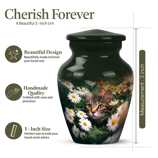 Sage Green Daisy Cremation Urn close-up of engraving and surface detail - timeless daisy motif etched into premium metal - mini keepsake memorial for portion of cremation ashes