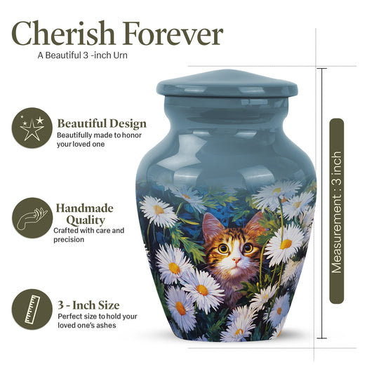 Cobalt Blue Daisy Cremation Urn close-up of engraving and surface detail - elegant classic daisy relief with fine detailing - mini keepsake memorial for portion of cremation ashes