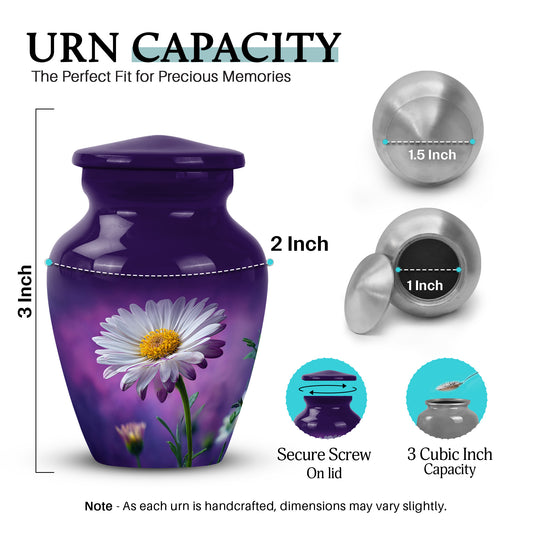 Orchid Purple Daisy Cremation Urn close-up of engraving and surface detail - timeless daisy motif etched into premium metal - mini keepsake memorial for portion of cremation ashes
