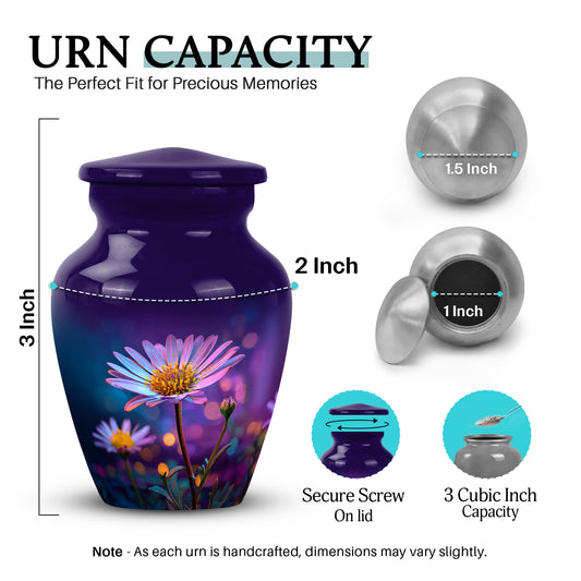 Plum Purple Daisy Cremation Urn close-up of engraving and surface detail - timeless daisy motif etched into premium metal - mini keepsake memorial for portion of cremation ashes