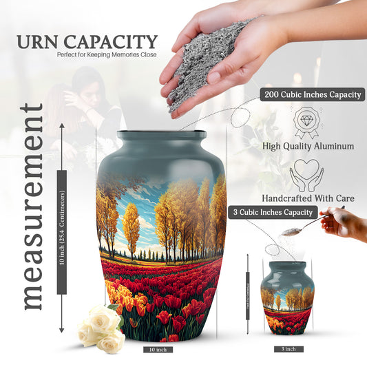 Sea Green Teal Garden Tulip Cremation Urn close-up of engraving and surface detail - classic sculpted garden tulip pattern on smooth aluminum - mini keepsake memorial for portion of cremation ashes