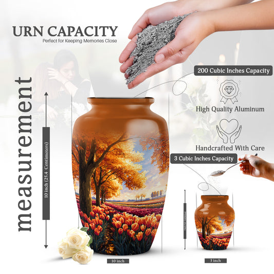 Champagne Gold Garden Tulip Cremation Urn close-up of engraving and surface detail - timeless garden tulip motif etched into premium metal - mini keepsake memorial for portion of cremation ashes
