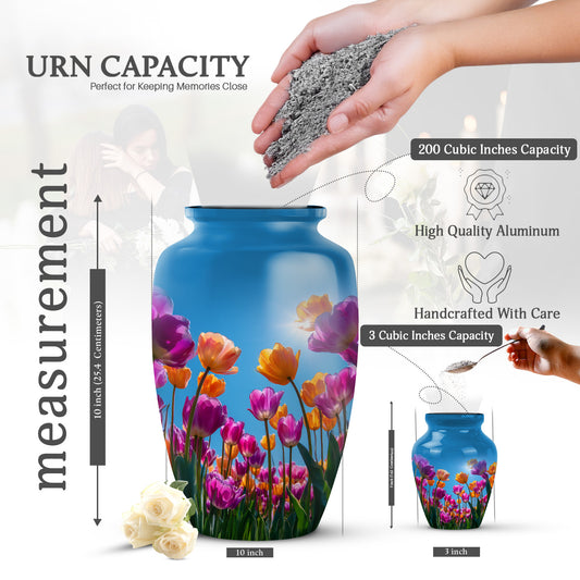 Bright Blue Garden Tulip Cremation Urn close-up of engraving and surface detail - elegant classic garden tulip relief with fine detailing - mini keepsake memorial for portion of cremation ashes