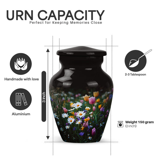 Midnight Black Garden Tulip Cremation Urn close-up of engraving and surface detail - elegant classic garden tulip relief with fine detailing - mini keepsake memorial for portion of cremation ashes