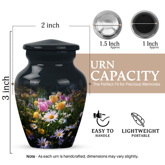 Midnight Black Garden Tulip Cremation Urn close-up of engraving and surface detail - elegant classic garden tulip relief with fine detailing - mini keepsake memorial for portion of cremation ashes