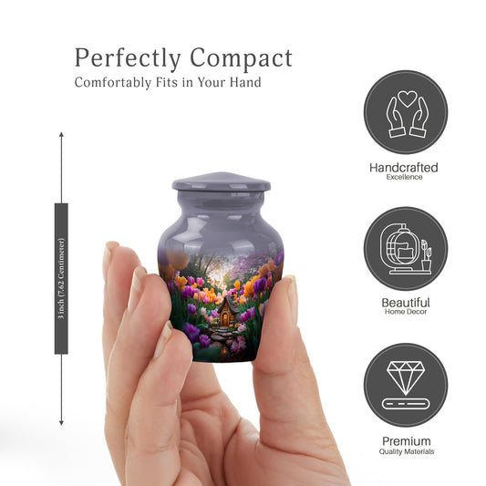 Steel Gray Garden Tulip Cremation Urn close-up of engraving and surface detail - traditional garden tulip engraving with hand-polished finish - mini keepsake memorial for portion of cremation ashes