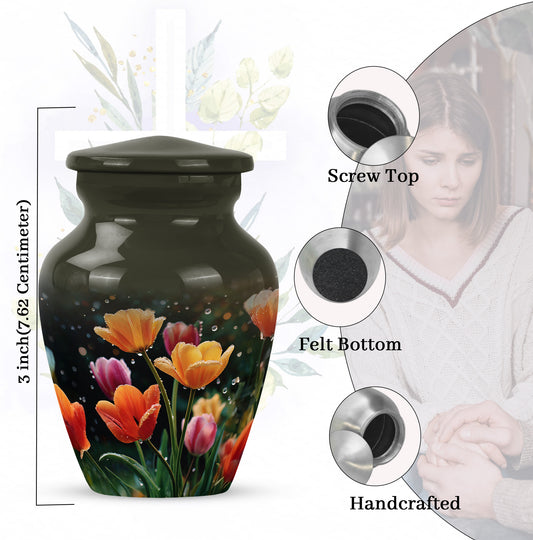 Rich Black Garden Tulip Cremation Urn close-up of engraving and surface detail - timeless garden tulip motif etched into premium metal - mini keepsake memorial for portion of cremation ashes