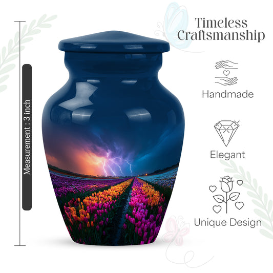 Navy Blue Garden Tulip Cremation Urn close-up of engraving and surface detail - classic sculpted garden tulip pattern on smooth aluminum - mini keepsake memorial for portion of cremation ashes