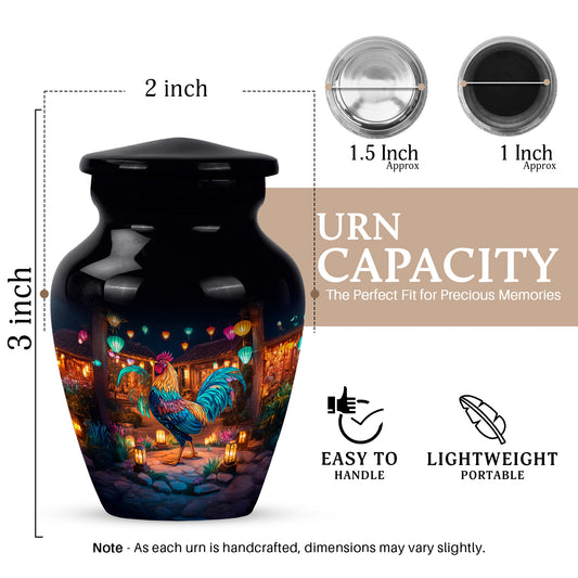 Onyx Black Hen Cremation Urn close-up of engraving and surface detail - traditional hen engraving with hand-polished finish - mini keepsake memorial for portion of cremation ashes