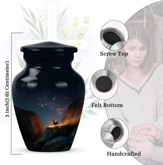 Vivid Blue Hen Cremation Urn close-up of engraving and surface detail - traditional hen engraving with hand-polished finish - mini keepsake memorial for portion of cremation ashes
