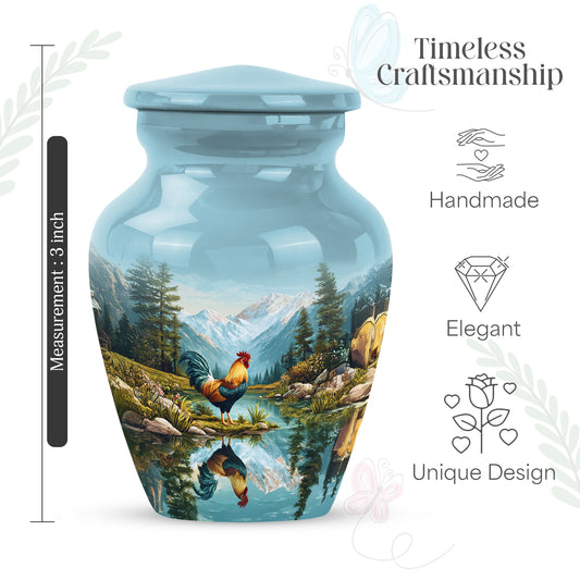 Vivid Teal Hen Cremation Urn close-up of engraving and surface detail - traditional hen engraving with hand-polished finish - mini keepsake memorial for portion of cremation ashes