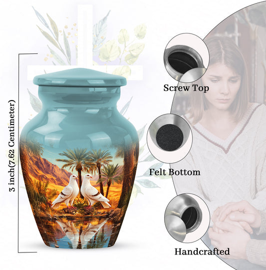 Soft Teal Dove Cremation Urn close-up of engraving and surface detail - classic sculpted dove pattern on smooth aluminum - mini keepsake memorial for portion of cremation ashes