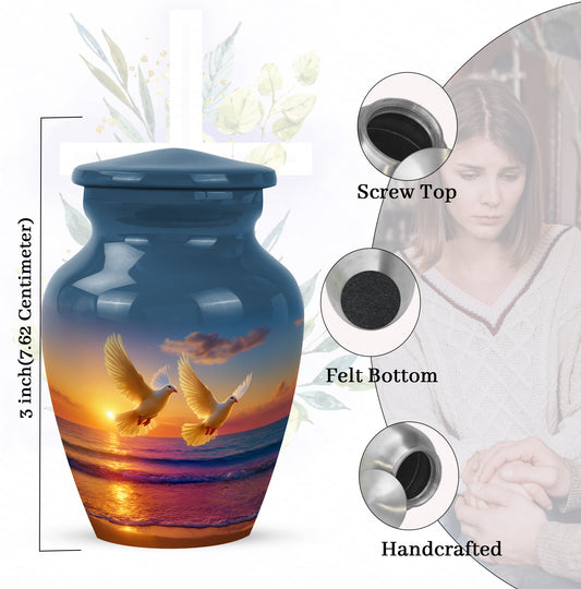 Vivid Blue Dove Cremation Urn close-up of engraving and surface detail - elegant classic dove relief with fine detailing - mini keepsake memorial for portion of cremation ashes