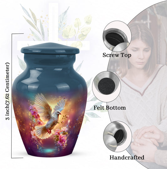 Icy Blue Dove Cremation Urn close-up of engraving and surface detail - classic sculpted dove pattern on smooth aluminum - mini keepsake memorial for portion of cremation ashes