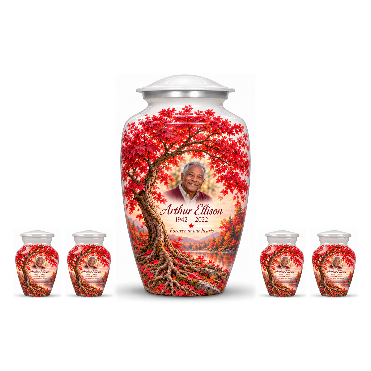 One Crimson Maple Tree of Life adult urn with four matching keepsake urns, sample photo and text, on a white background