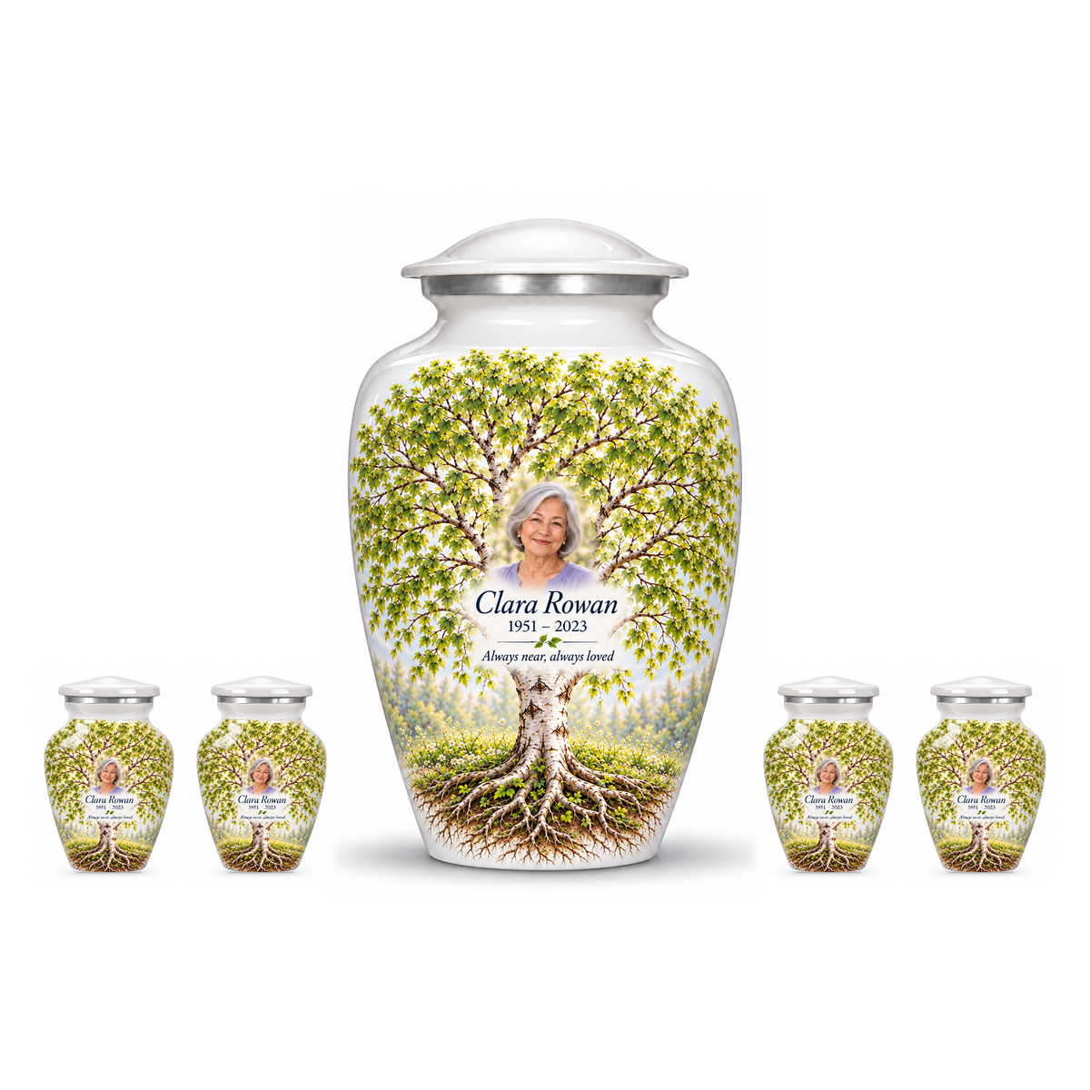 One White Birch Tree of Life adult urn with four matching keepsake urns, sample photo and text, on a white background