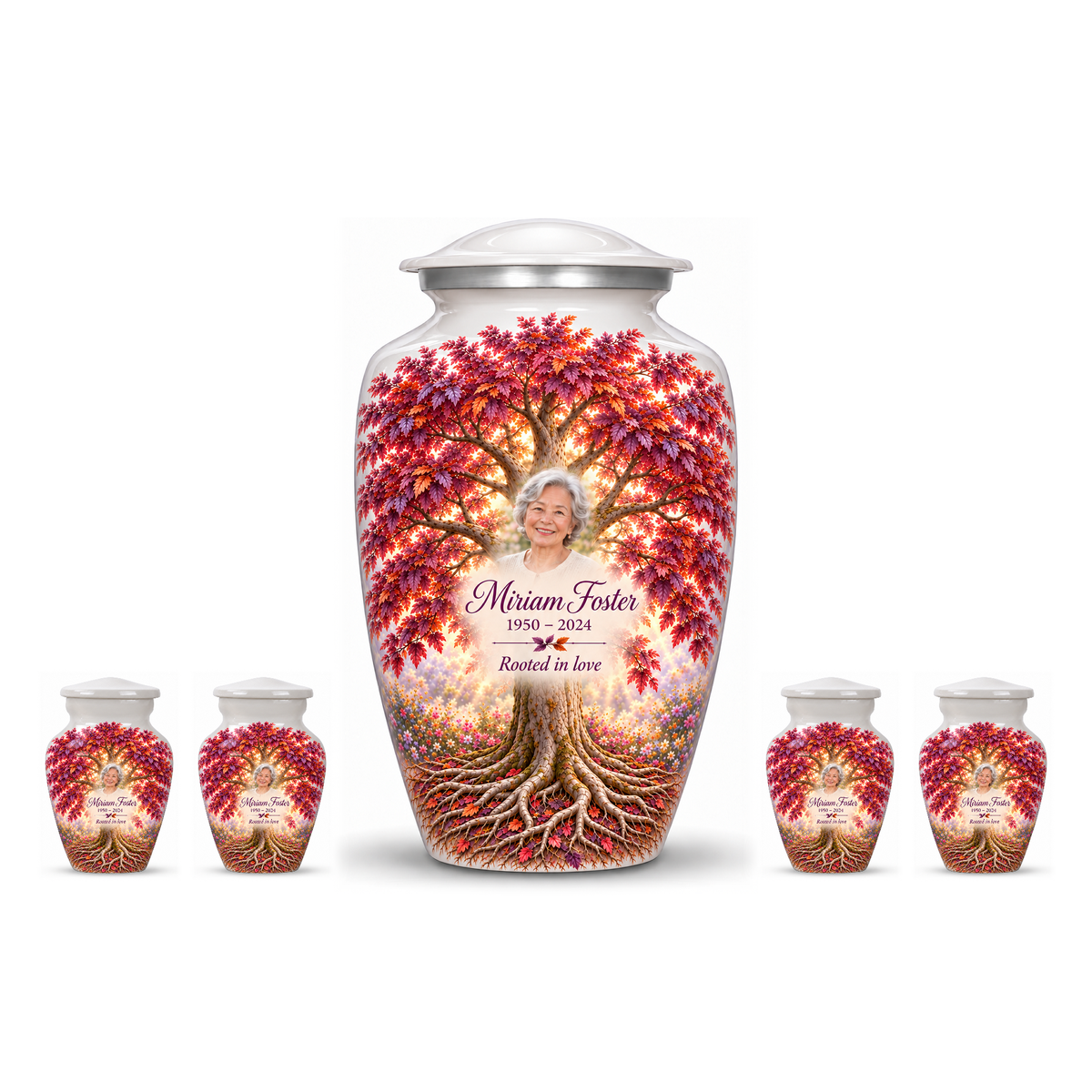 One Purple Beech Tree of Life adult urn with four matching keepsake urns, sample photo and text, on a white background