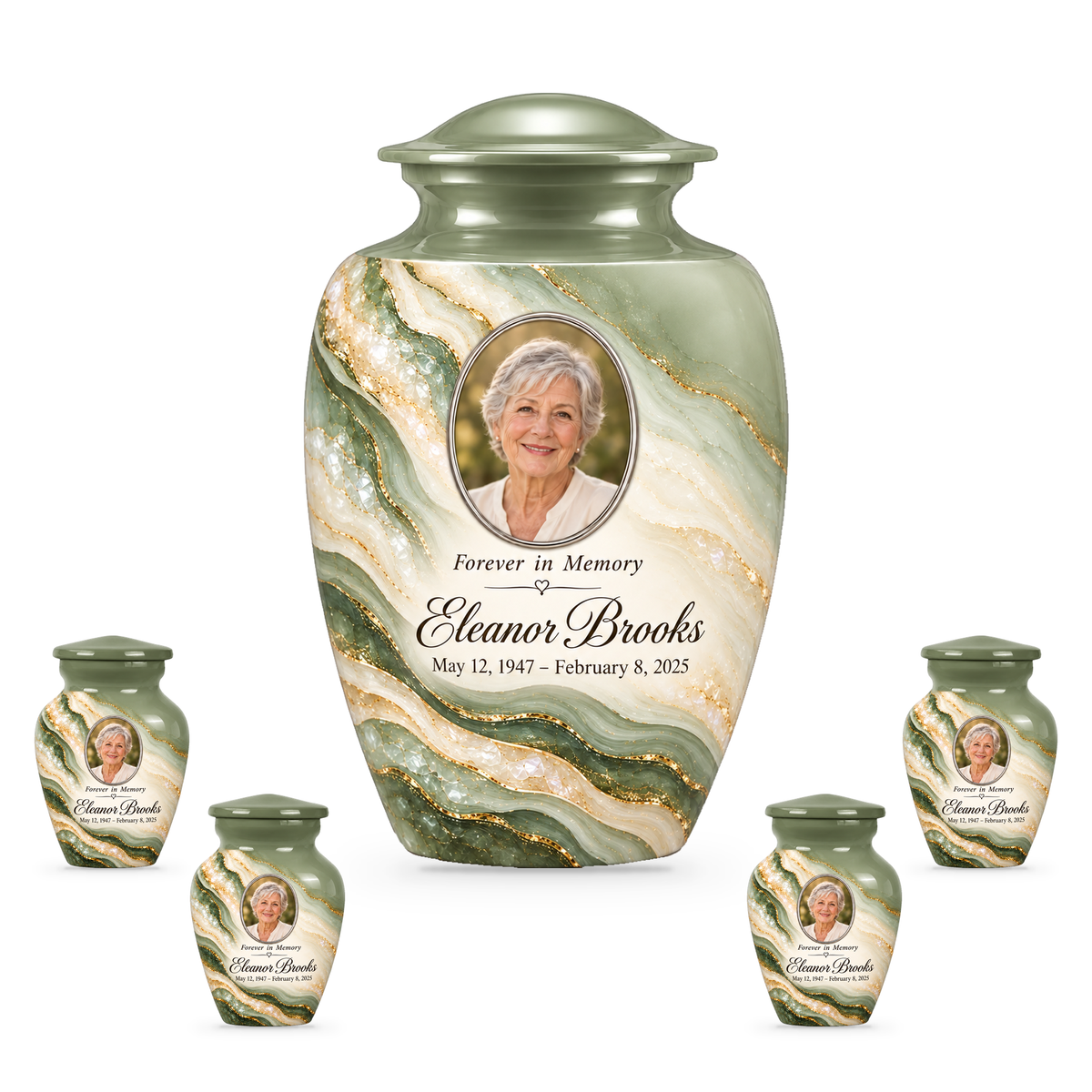 Sage Cascade set with one adult urn and four smaller keepsakes, with matching sample personalization.