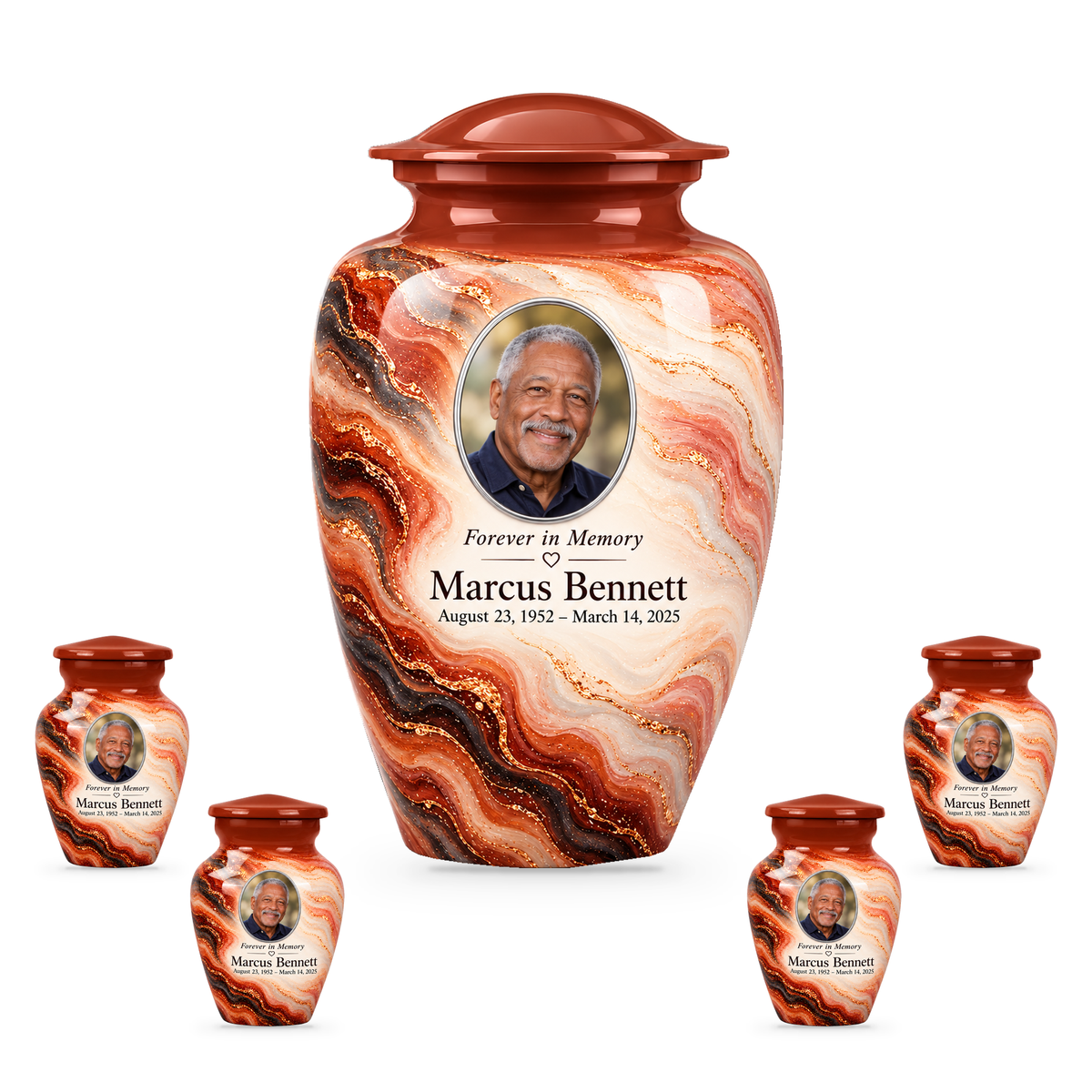 Copper Ember set with one adult urn and four smaller keepsakes, with matching sample personalization.