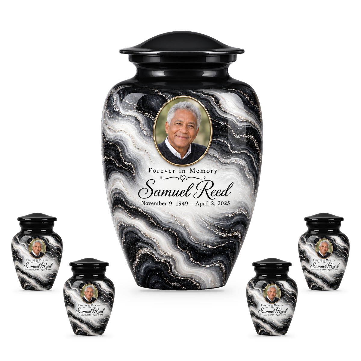 Black Pearl set with one adult urn and four smaller keepsakes, with matching sample personalization.