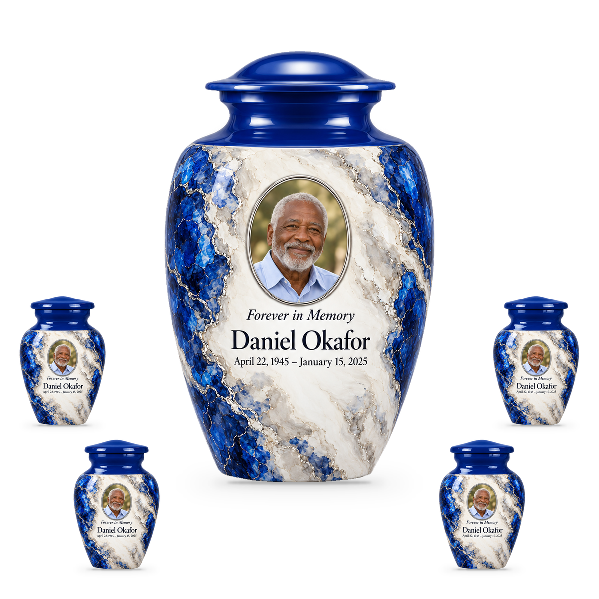 Cobalt Fault adult urn with four keepsakes with fictional sample photo and text.