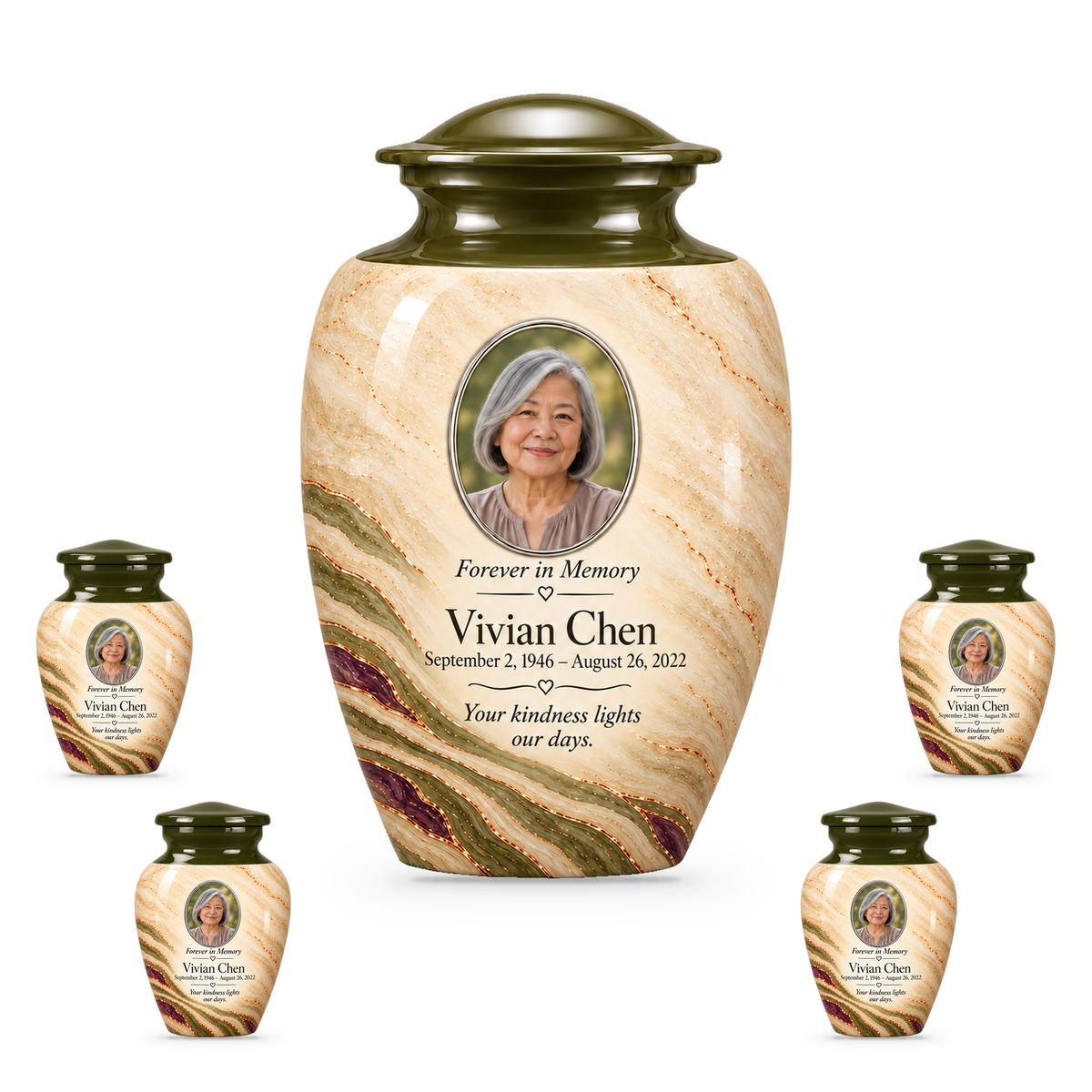 Olive Contour adult urn with four keepsakes with fictional sample photo and text.
