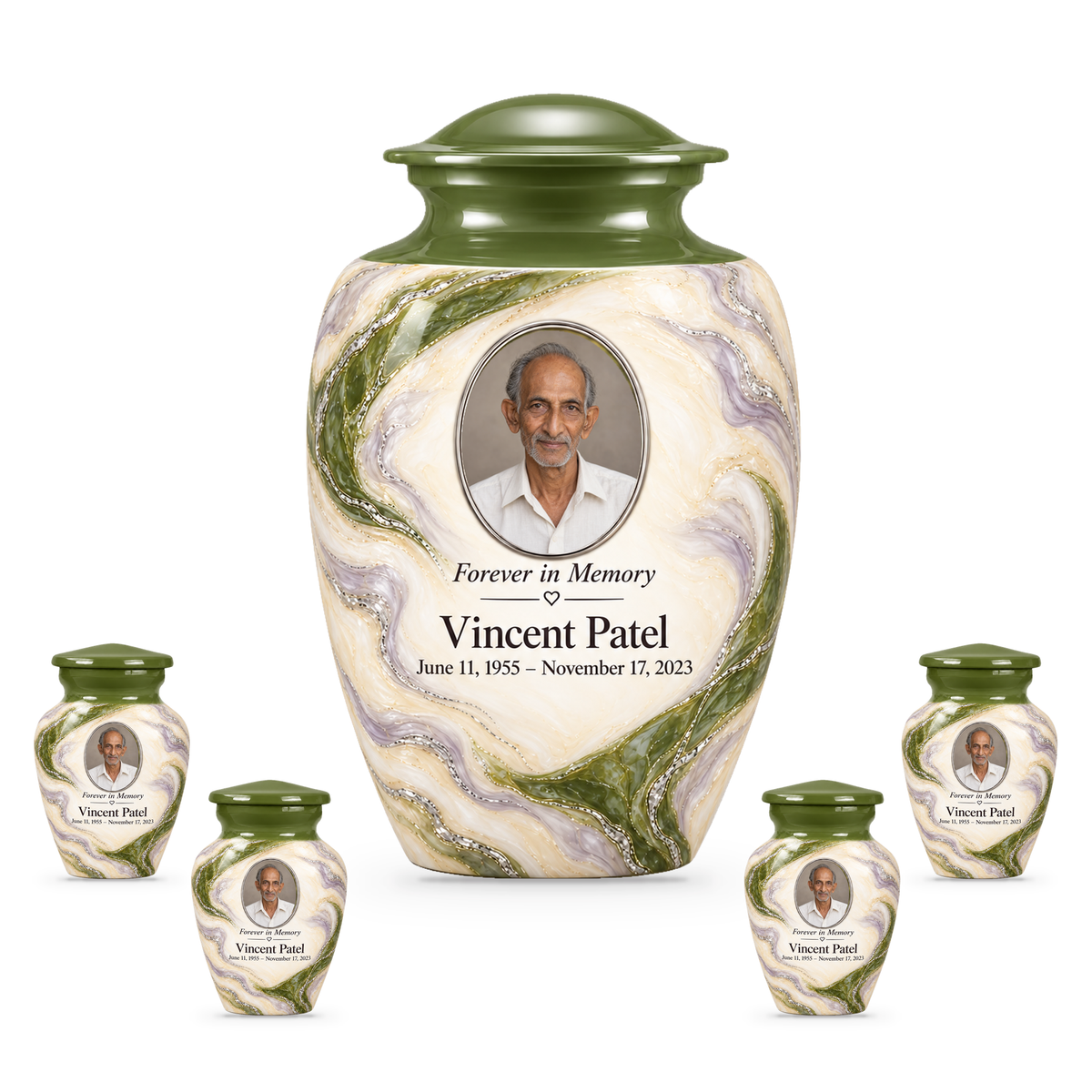 Moss Orbit adult urn with four keepsakes with fictional sample photo and text.