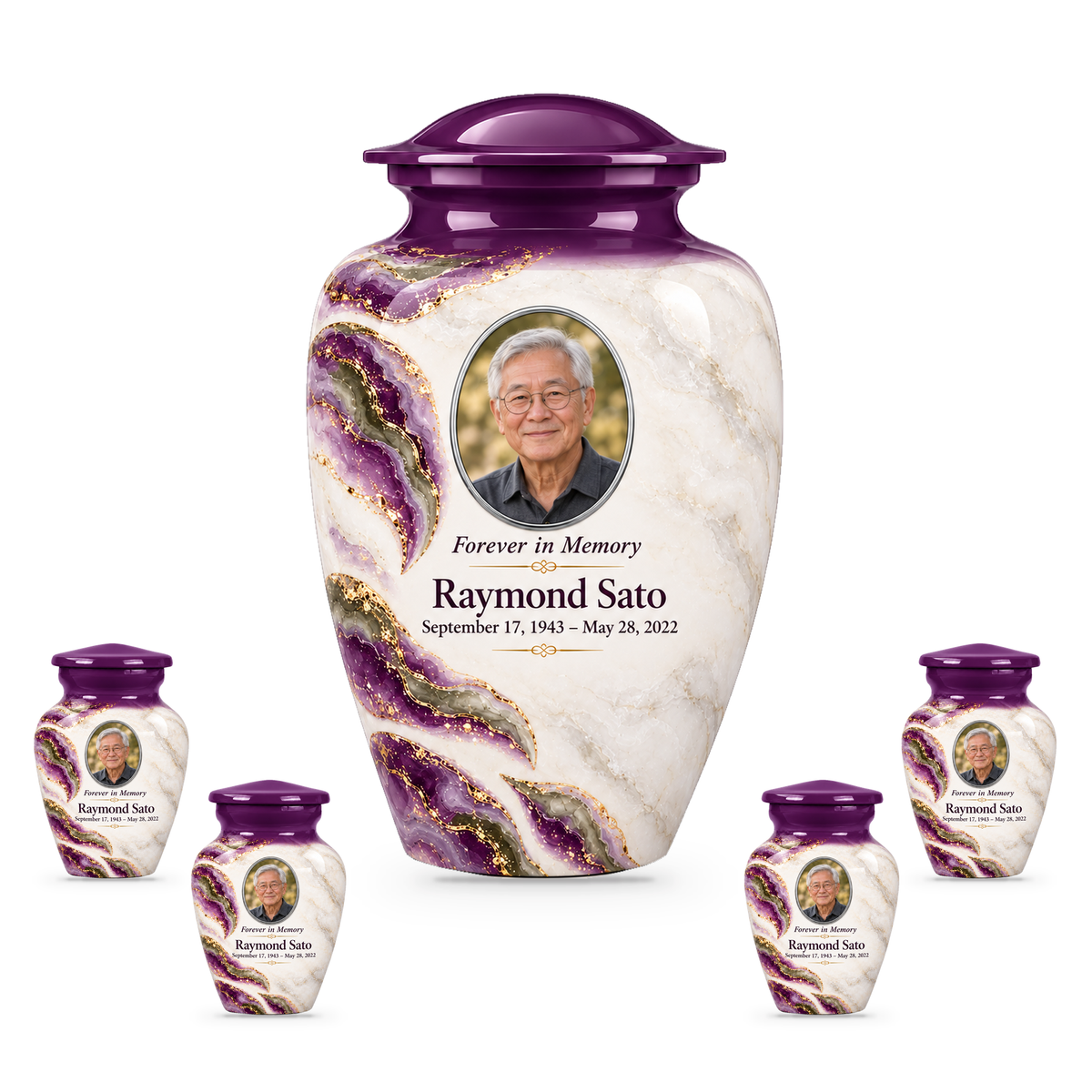Violet Brae adult urn with four keepsakes with fictional sample photo and text.