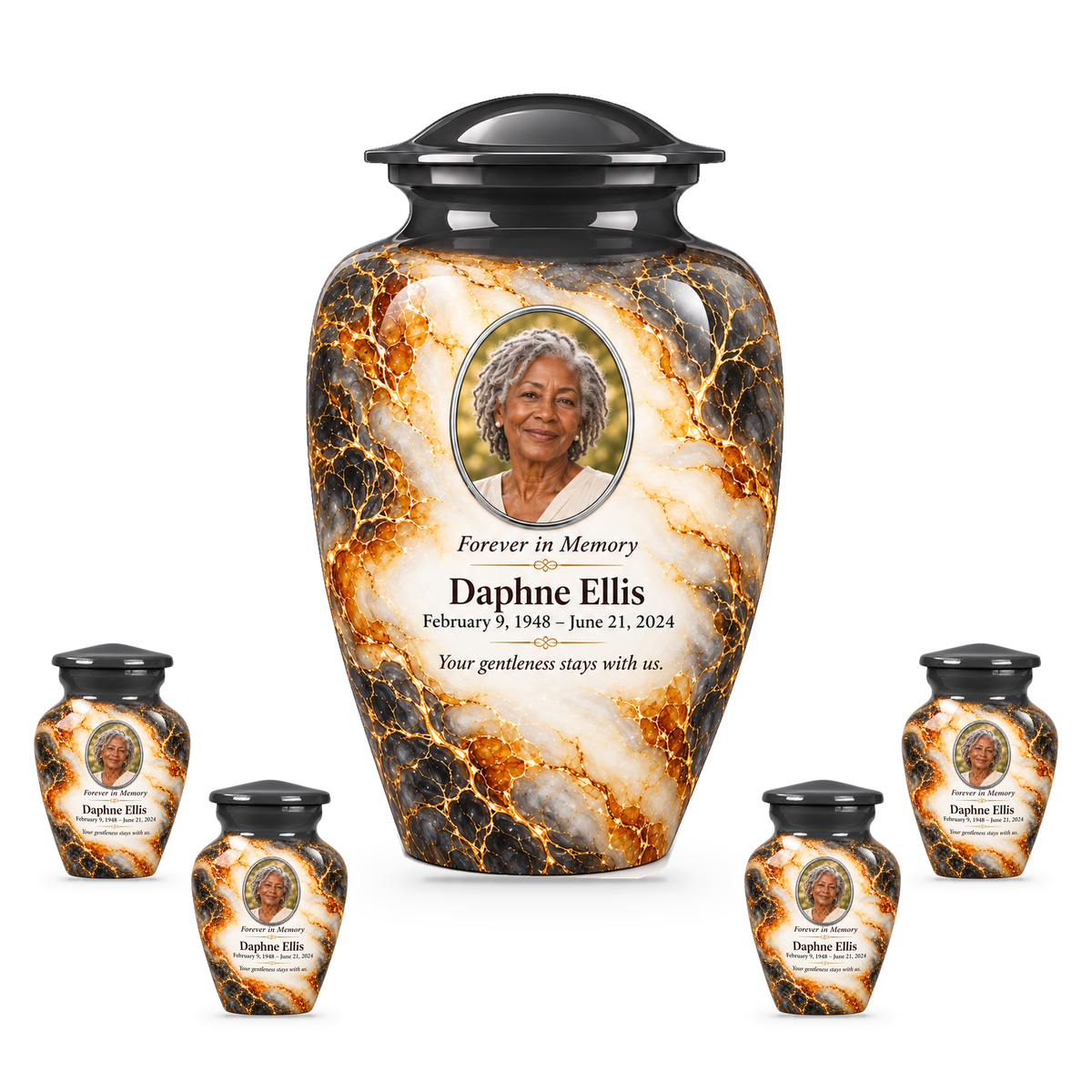 Graphite Amberlace adult urn with four keepsakes with fictional sample photo and text.