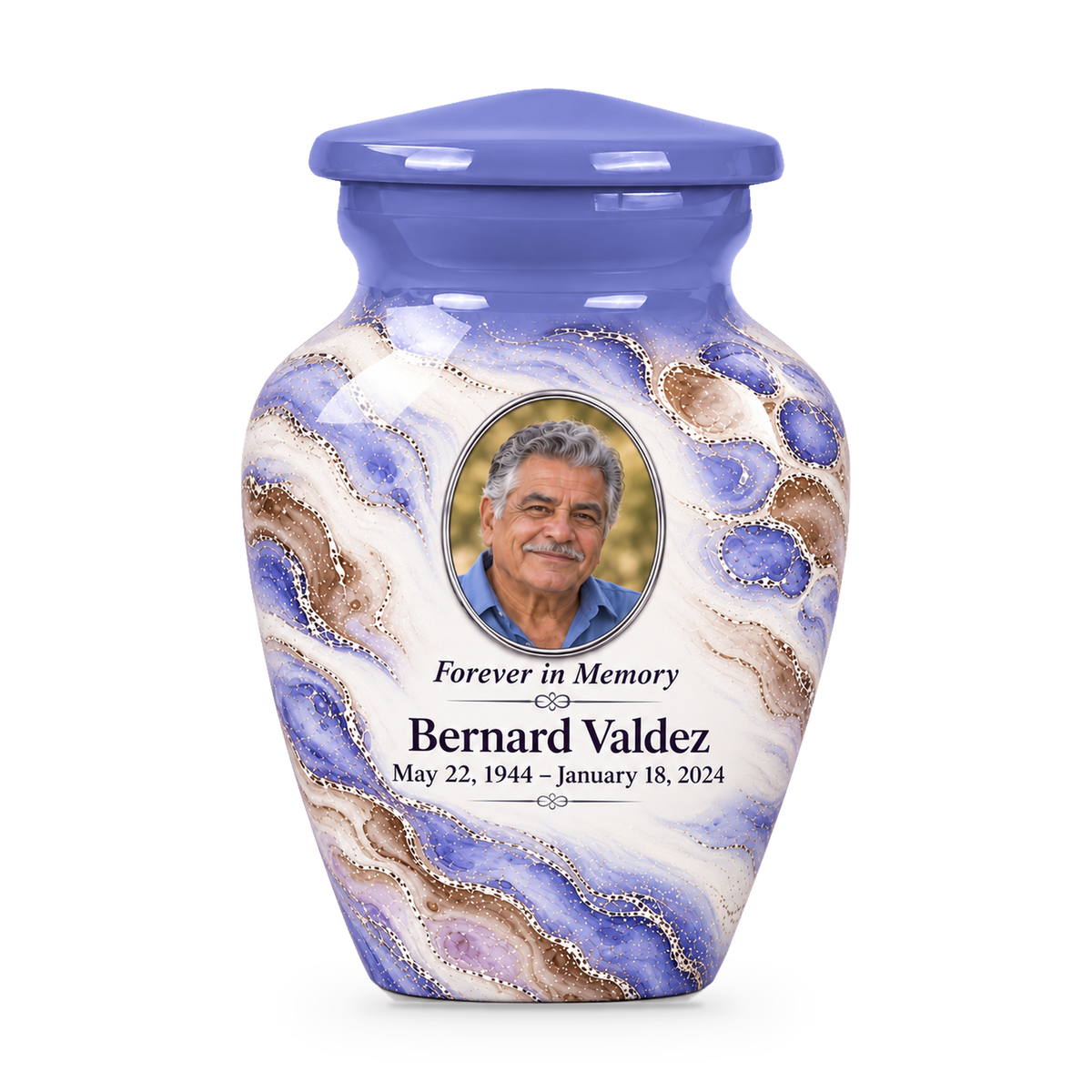 Periwinkle Mosaic single keepsake urn with fictional sample photo and text.