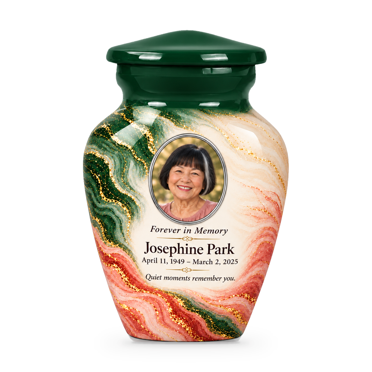 Forest Crosscurrent single keepsake urn with fictional sample photo and text.