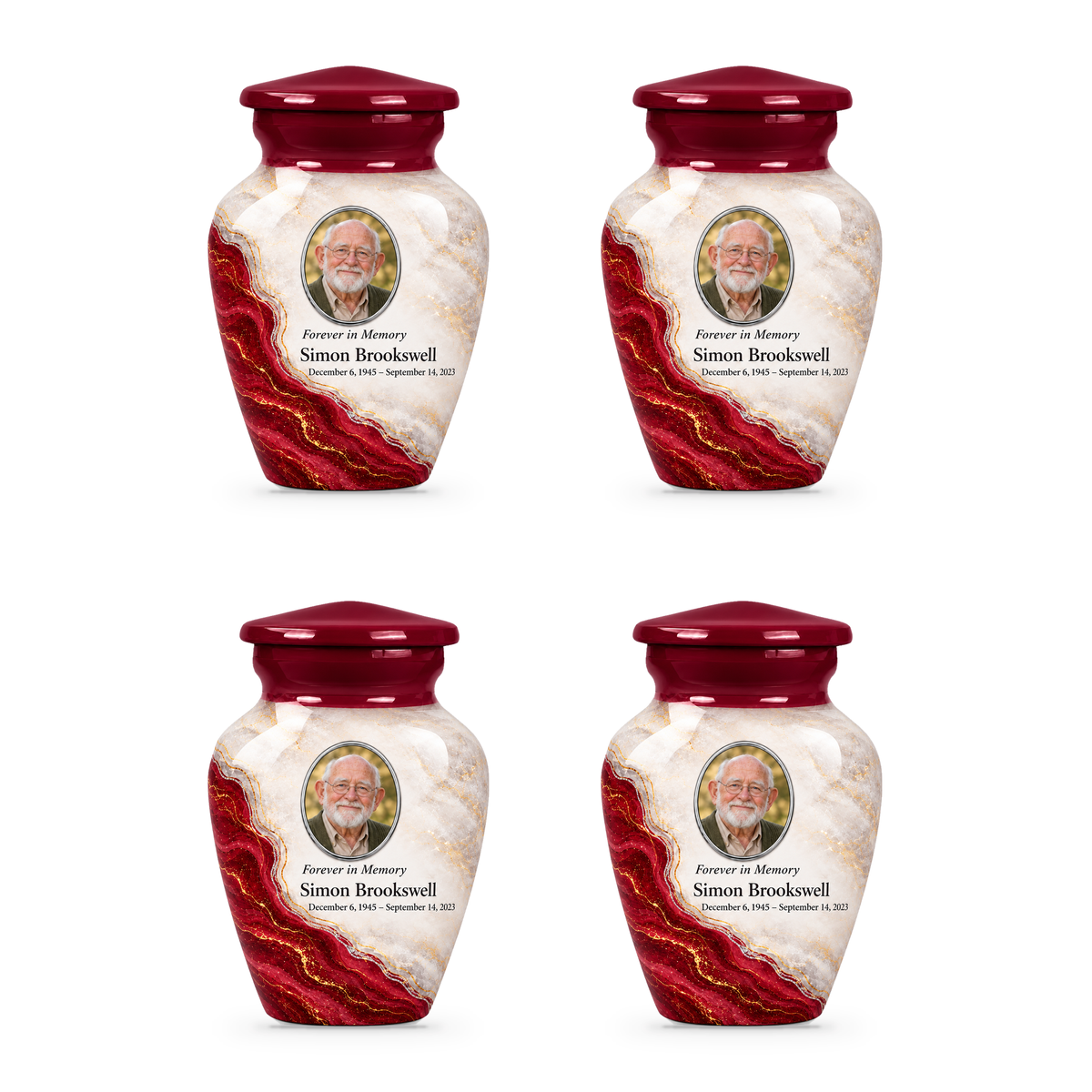 Bordeaux Shoreline set of four keepsake urns with fictional sample photo and text.