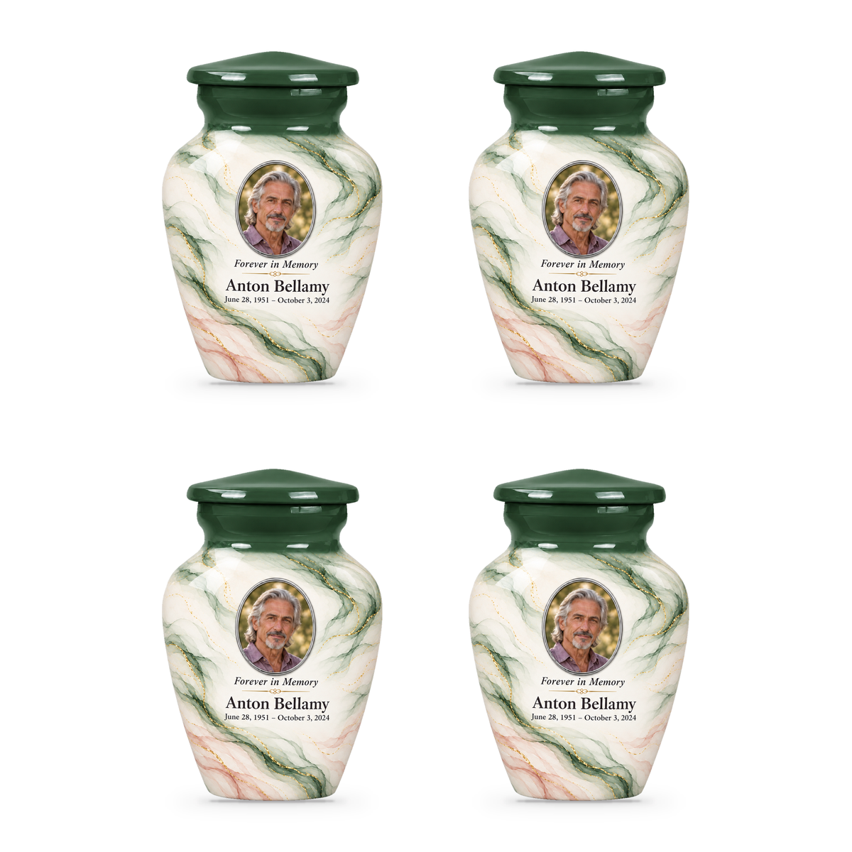 Cypress Zephyr set of four keepsake urns with fictional sample photo and text.