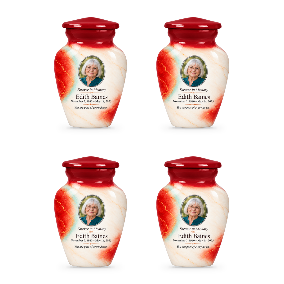 Yatskia Paprika Halo four 3-inch keepsake urns on white background