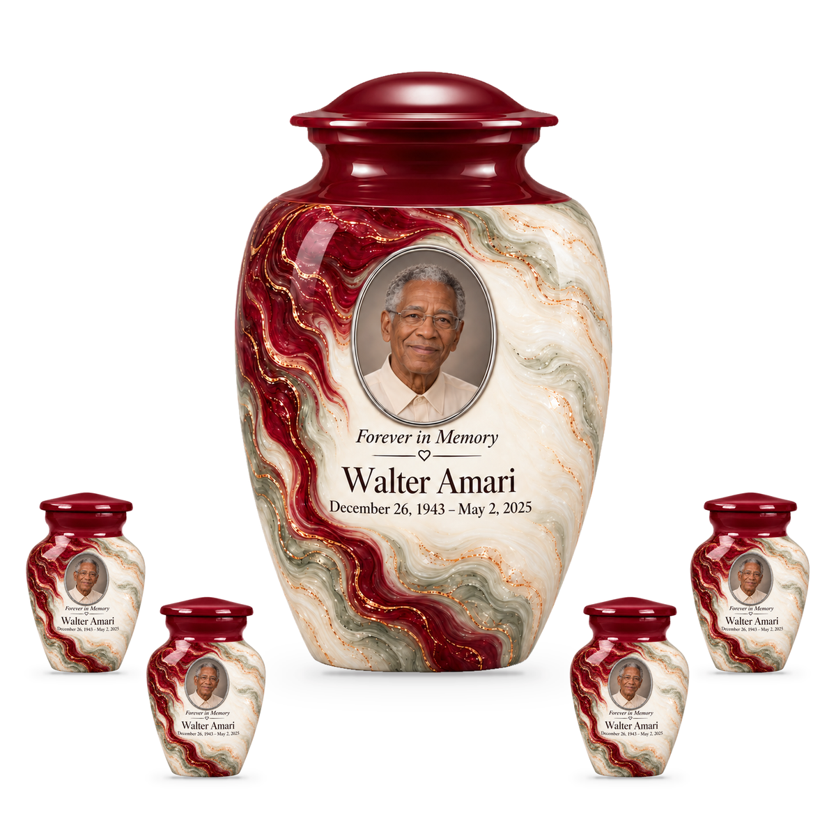 Yatskia Merlot Ribbonfall 10-inch adult urn with four 3-inch keepsake urns on white background