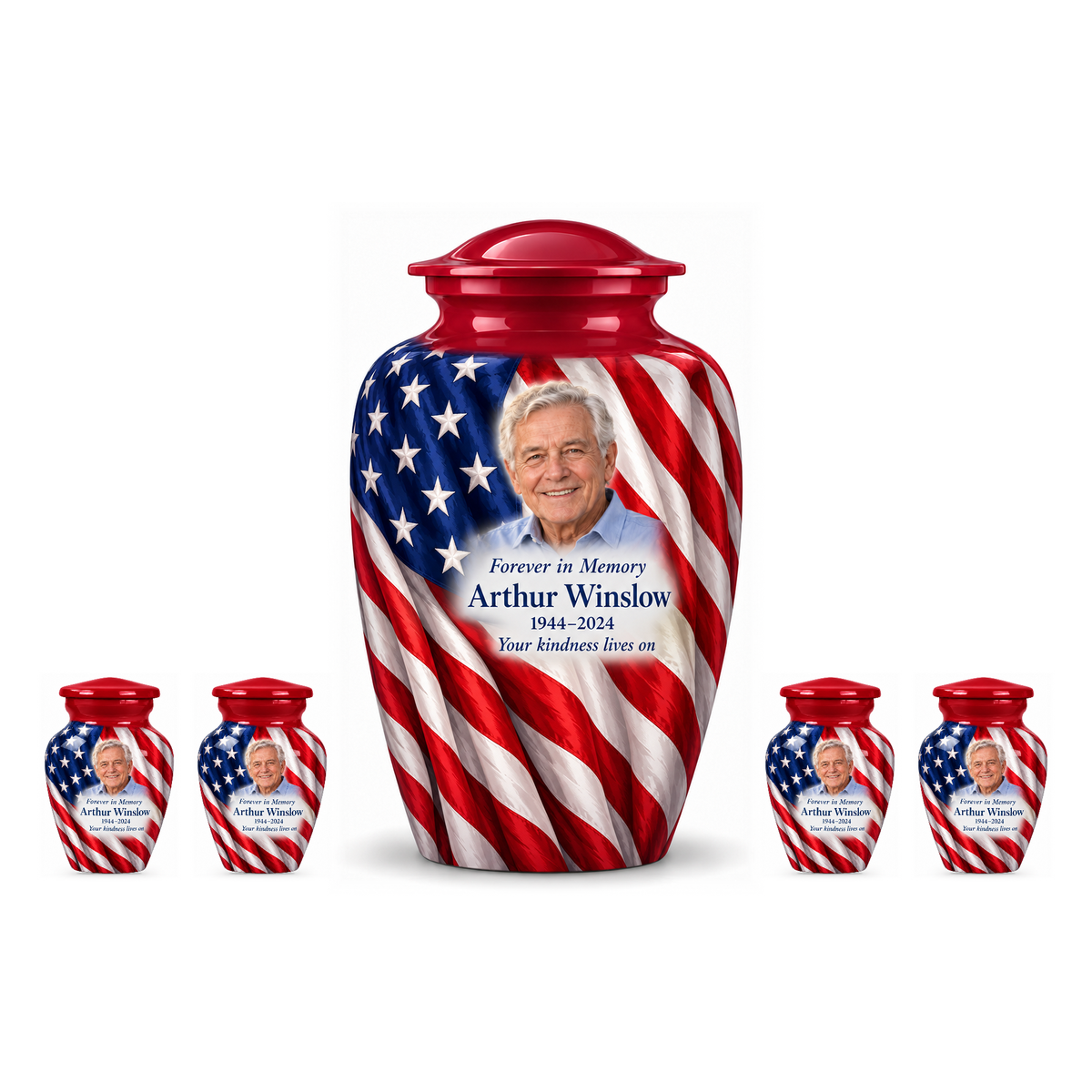 One Flag Vertical Drape American flag adult urn with four matching keepsake urns, sample photo and text, on a white background