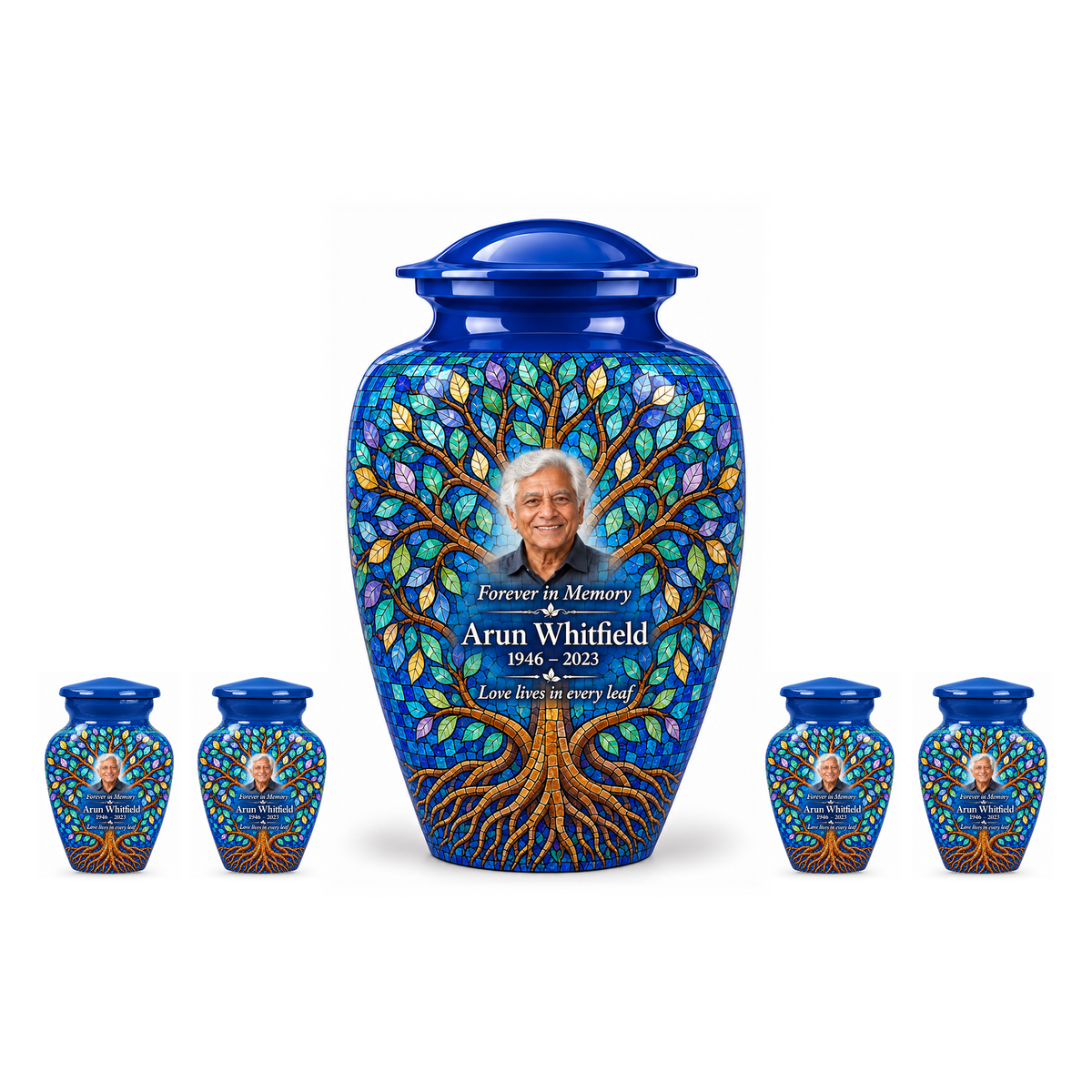 One Cobalt Leaf Mosaic Tree of Life adult urn with four matching keepsake urns, sample photo and text, on a white background
