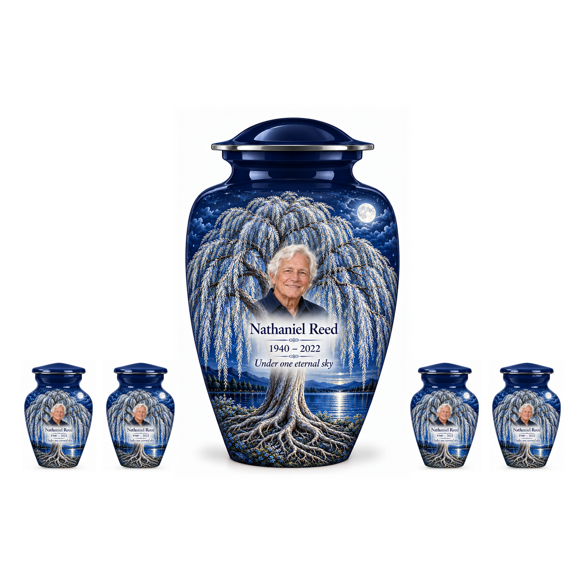 One Blue Moon Willow Tree of Life adult urn with four matching keepsake urns, sample photo and text, on a white background