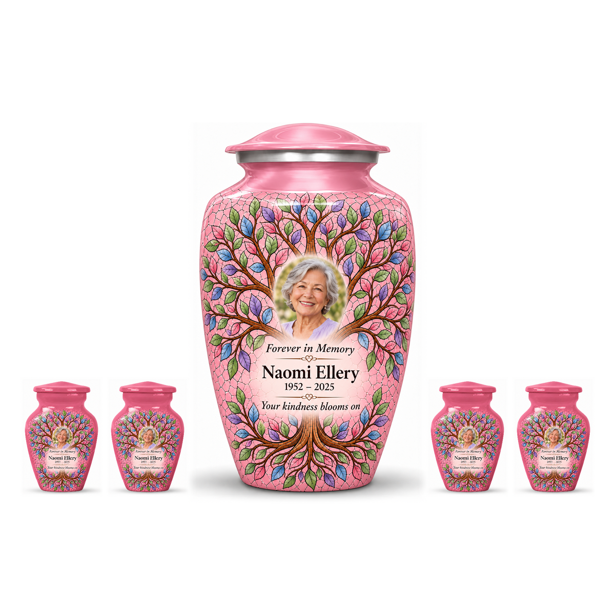 One pink Tree of Life adult urn centered between four matching keepsakes on white, all with Naomi Ellery sample portrait and memorial text.