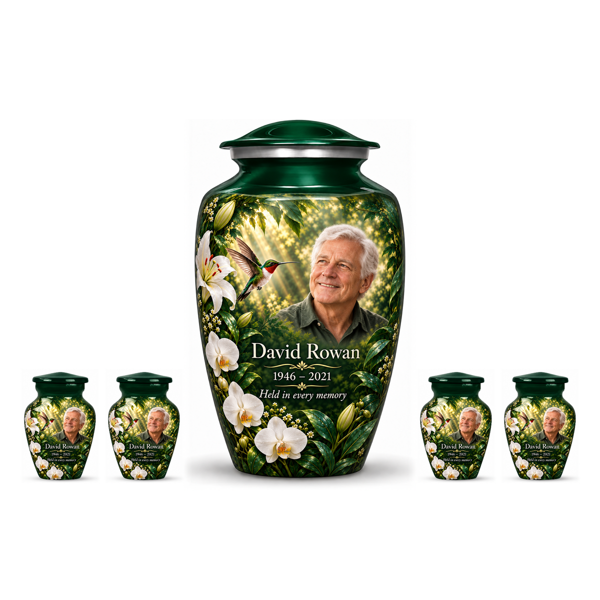 One green hummingbird adult urn with four matching keepsakes, all with David Rowan sample photo and text