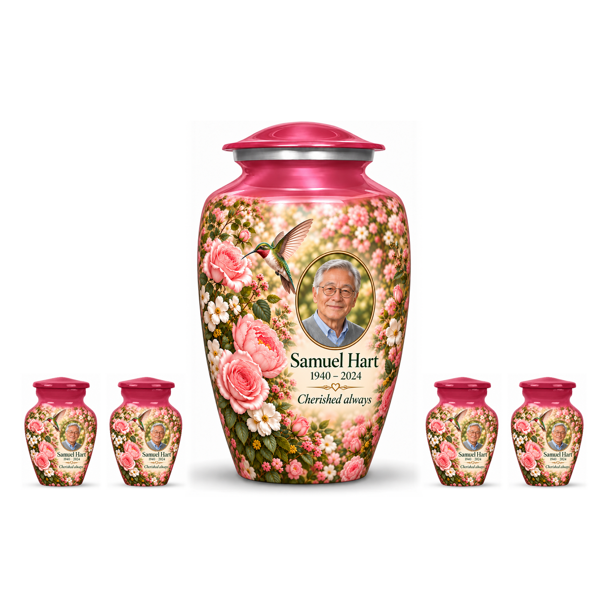 One pink hummingbird adult urn with four matching keepsakes, all with Samuel Hart sample photo and text