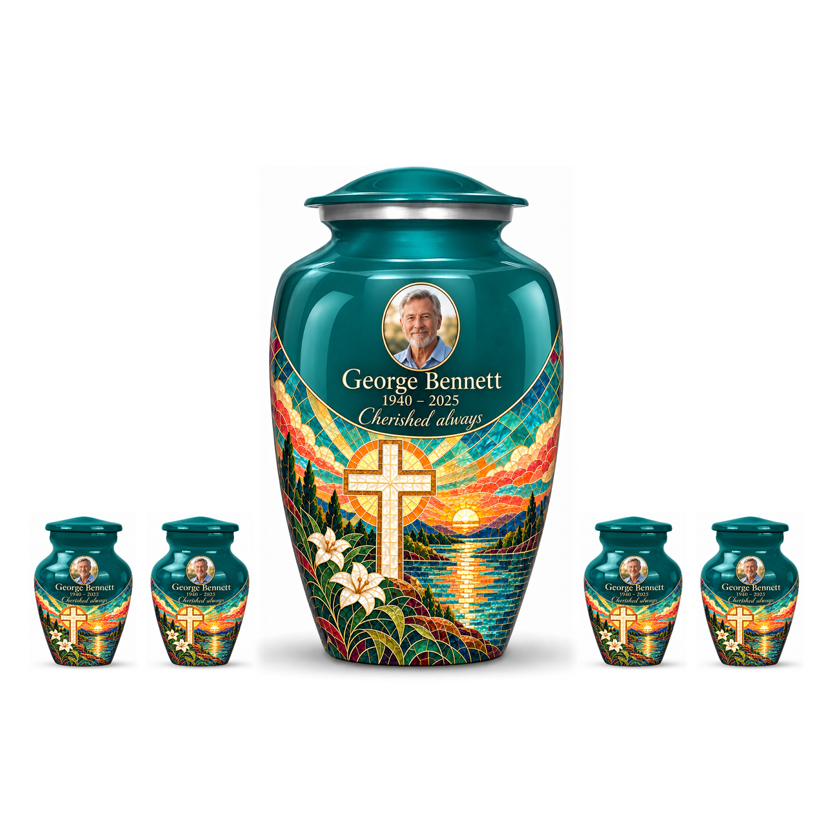 One green adult cross urn and four keepsakes with a printed sunset mosaic arranged on white.